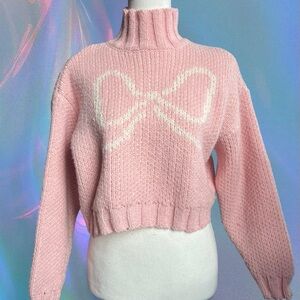 Pink Bow Knit Turtleneck Sweater